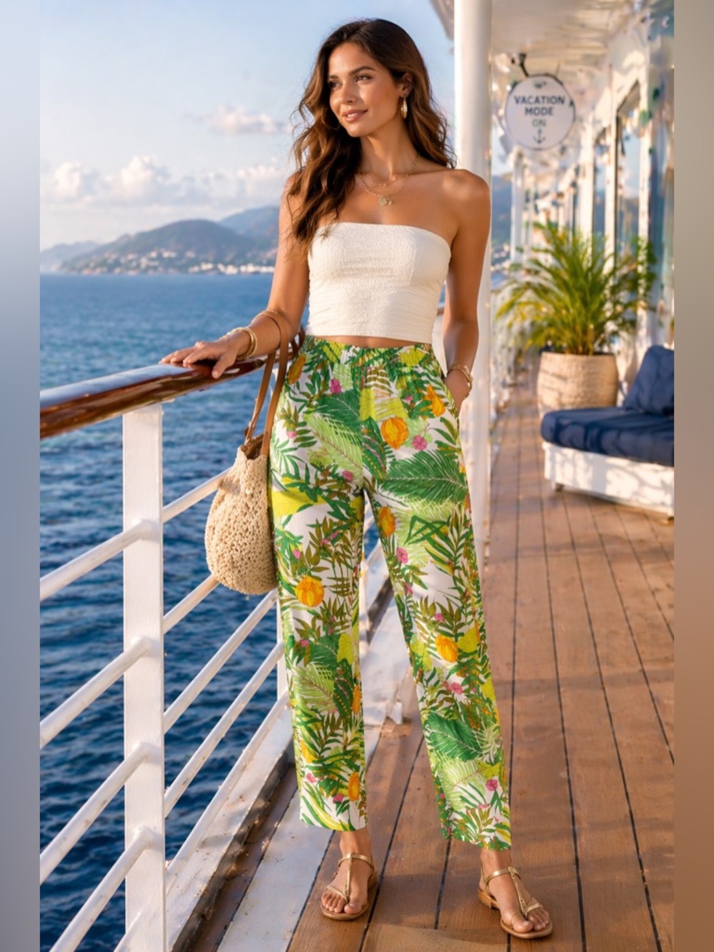 Trina Turk Tropical Print Elastic Waist Straight Leg Pants XS NWT
